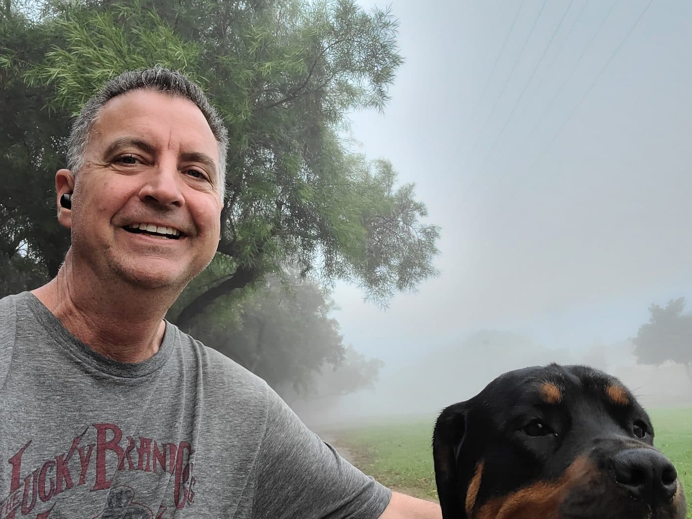Morning walk, October 2020. His Rottweiler. Non-judgmental. Excellent listener. Significantly more enthusiastic about 6am than Michael is.