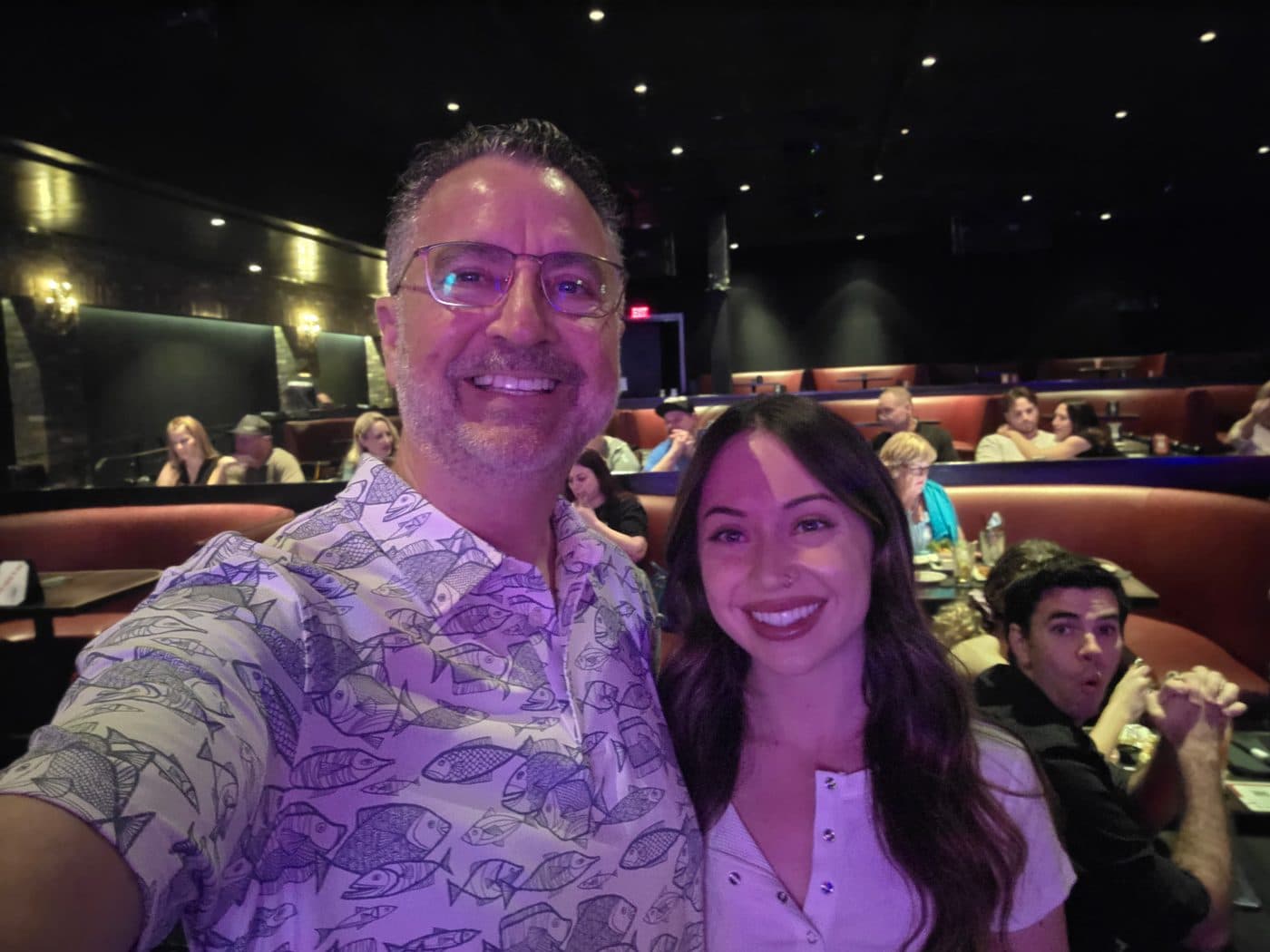 February 2026. Date night. Georgia's choice of venue, obviously. He wore the fish shirt. She did not veto it.